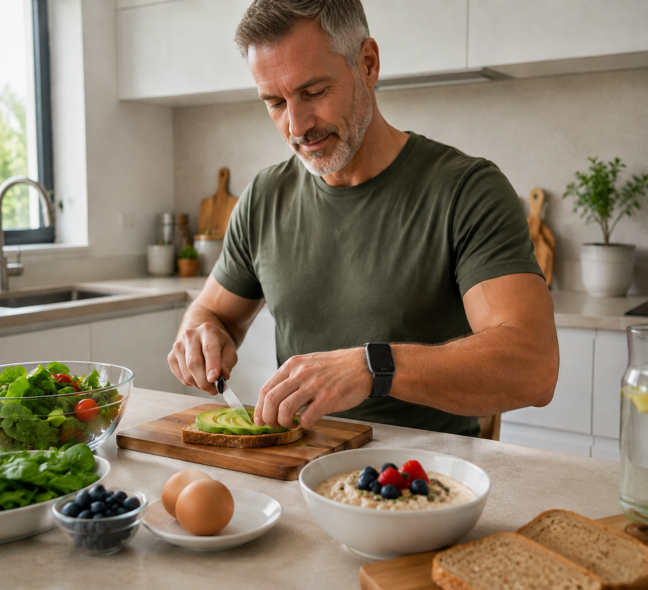 A man wearing a blood pressure watch is eating breakfast.