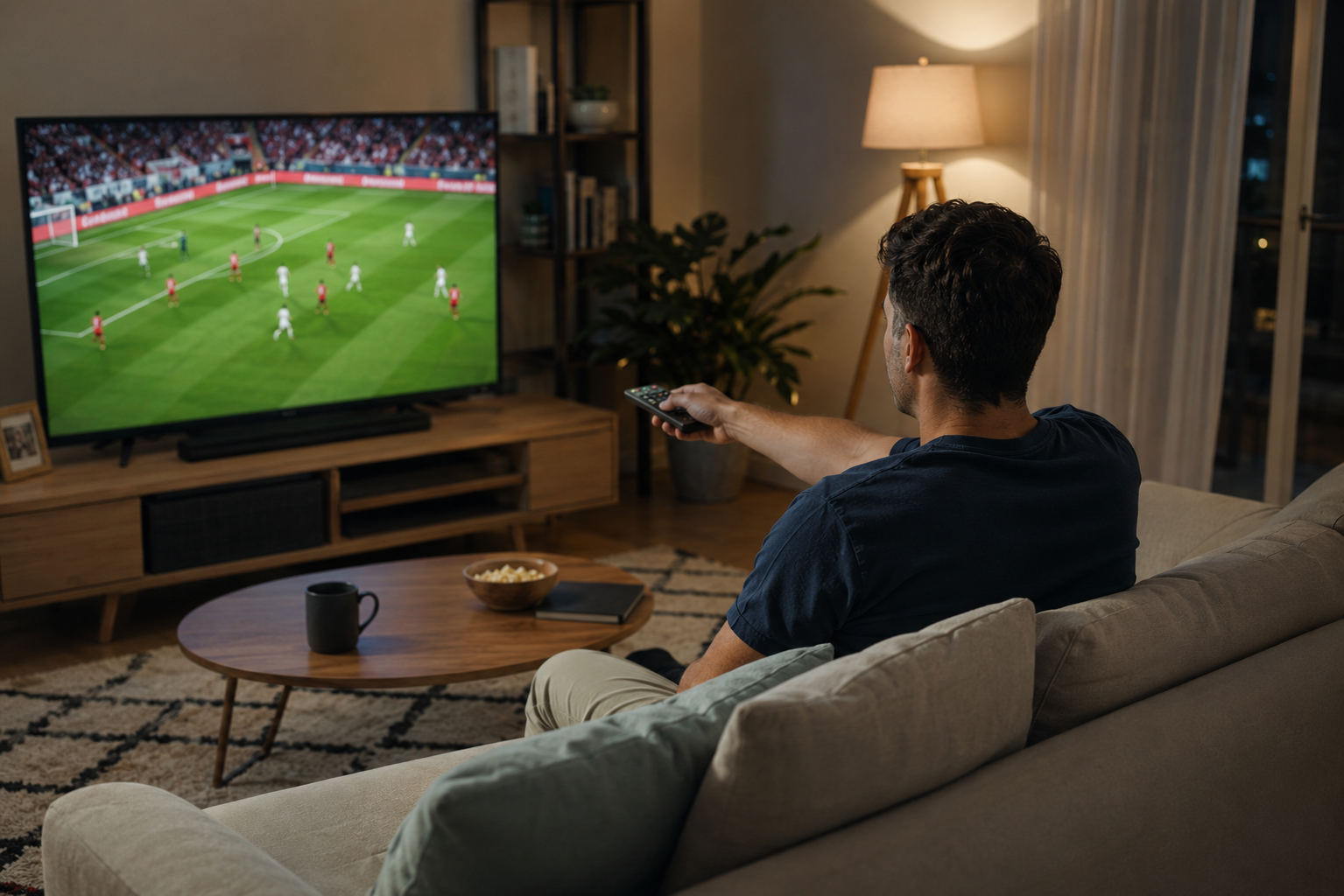 Tired man staying up late watching football match, illustrating sleep and blood pressure risks
