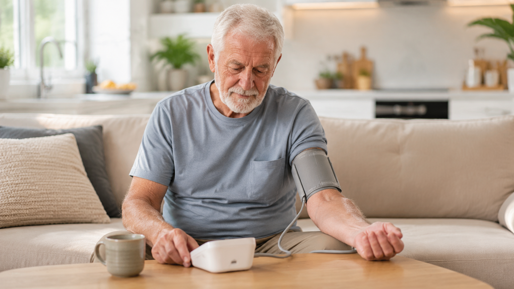 Older man measuring blood pressure at home with an upper-arm monitor.